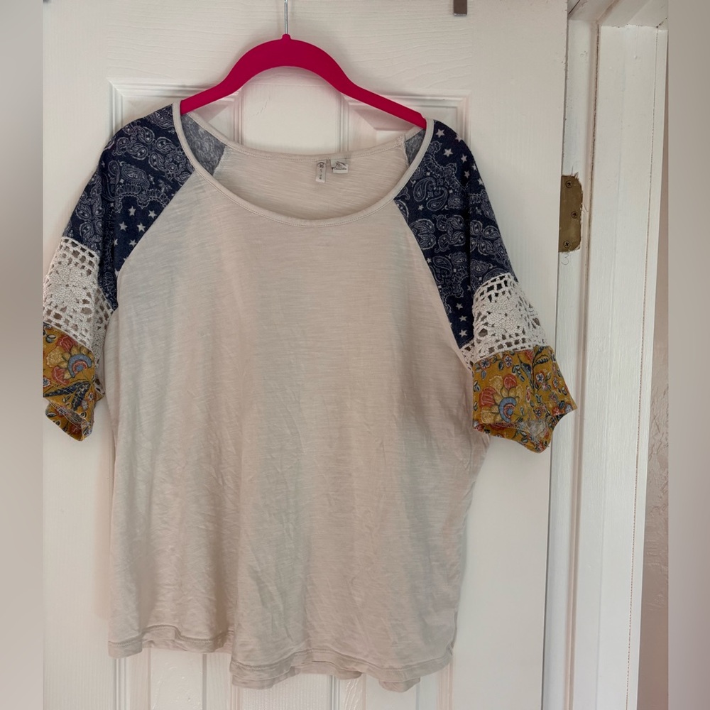 Cato Cream and Blue Patchwork Crochet Short Sleeve Top